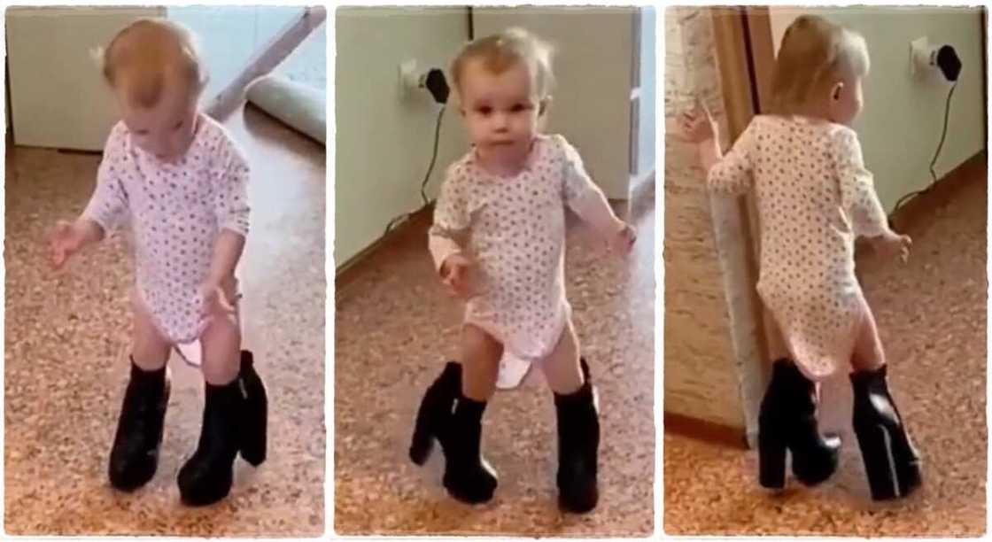 Photos of a baby girl wearing her mother's high-heeled shoes. Photos of a baby girl wearing her mother's high-heeled shoes.