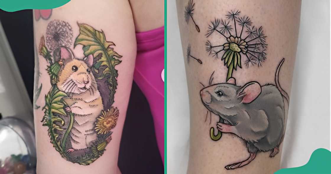 Dandelion tattoos with small animals on the arms.