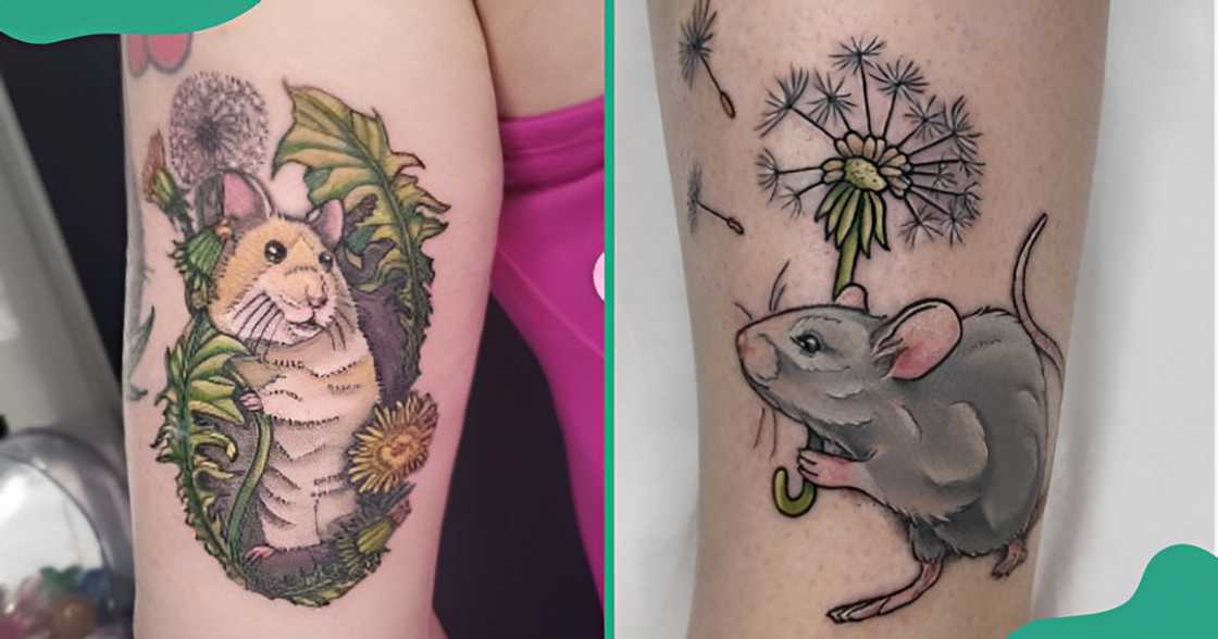 Dandelion tattoos with small animals on the arms. Dandelion tattoos with small animals on the arms.