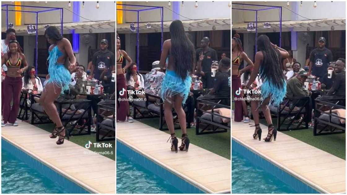 Dancing beside pool/lady in high heels danced. Dancing beside pool/lady in high heels danced.