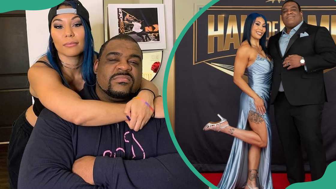 Mia Yim and her husband, Keith Lee, together in their home (L). The wrestling couple attend the 2024 Wrestling Hall of Fame event (L)