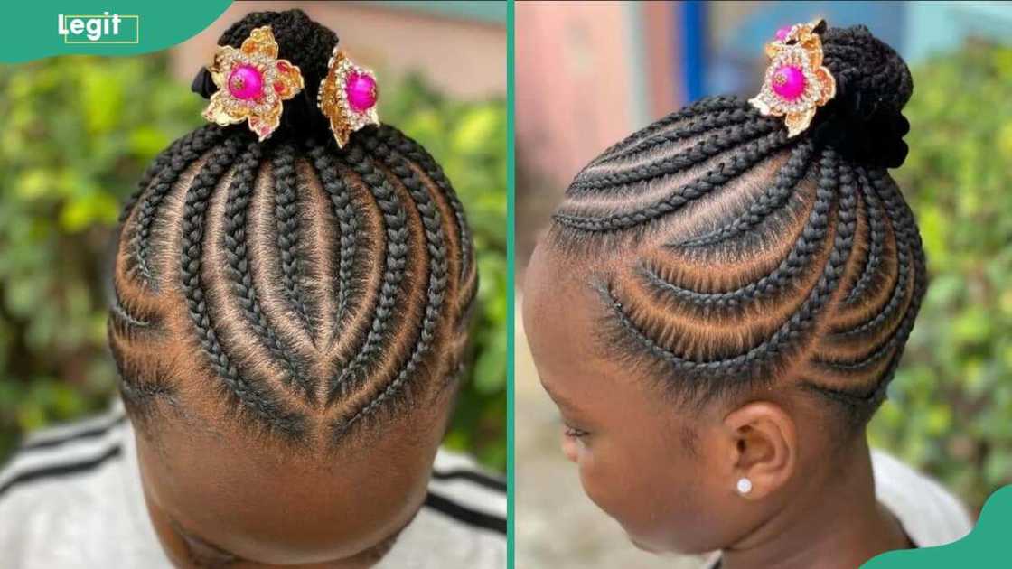 A young girl with updo weaving with a stylish ribbon