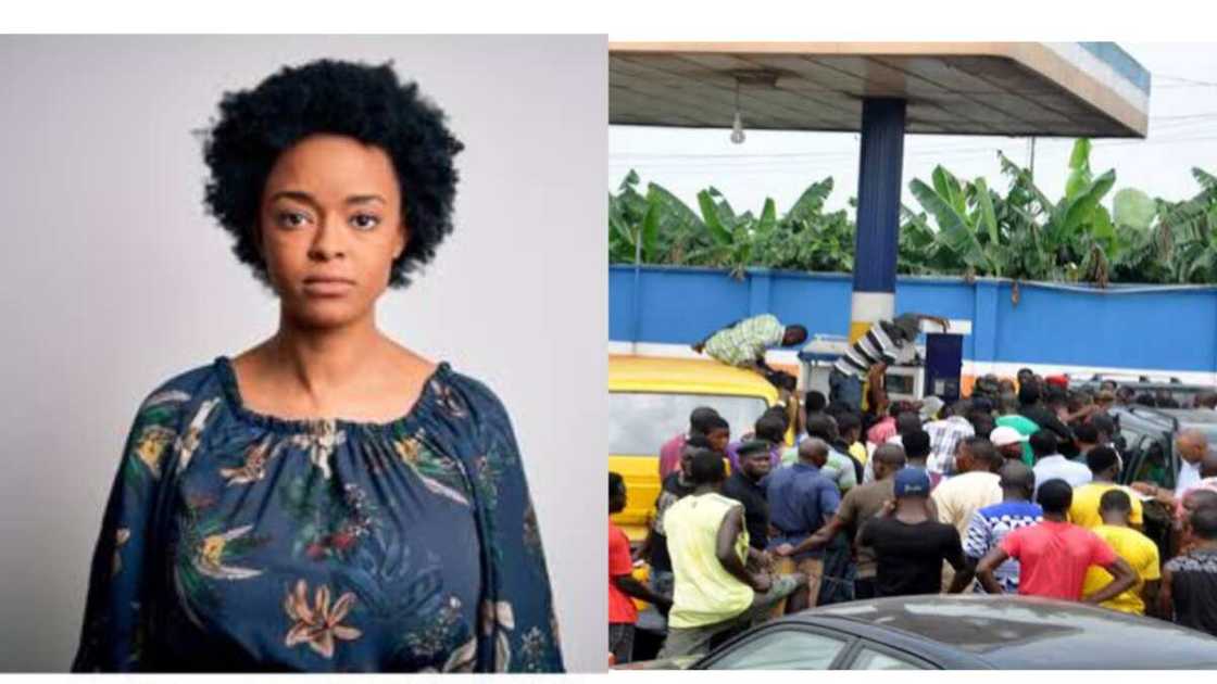 Combined photos of a woman and people queueing at a petrol station Combined photos of a woman and people queueing at a petrol station