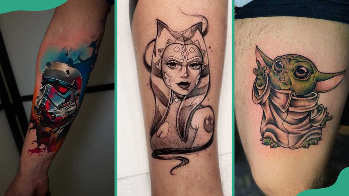 Star Wars tattoos featuring Stormtrooper Helmet (L), Ahsoka Tano (C), Baby Yoda (R)