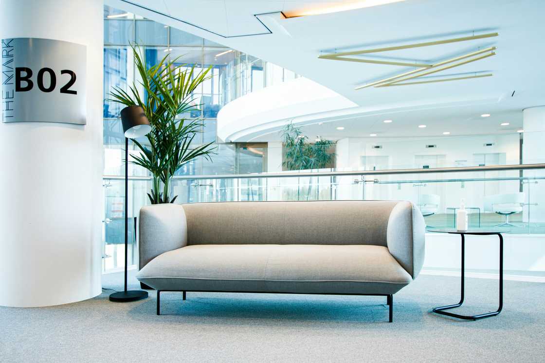 A light brown sofa inside an office space