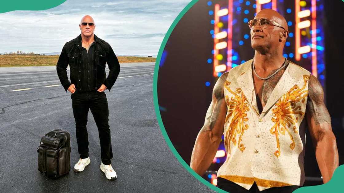 Dwayne Johnson at an airstrip (L). Dwayne Johnson in a wrestling ring (R).