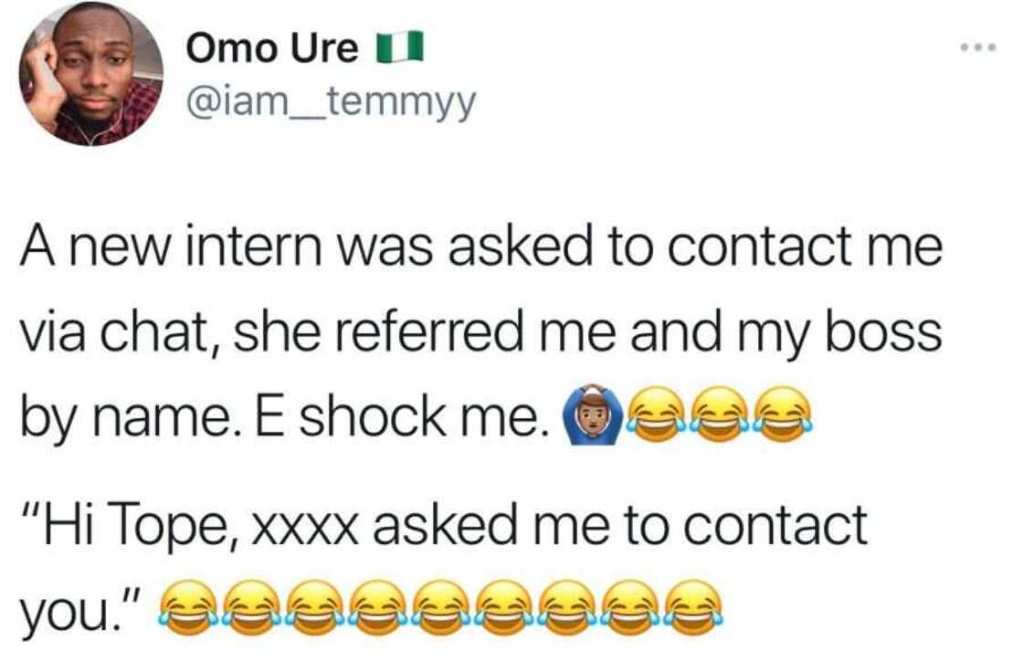 Man shocked after new intern called him by his first name, internet users react Man shocked after new intern called him by his first name, internet users react