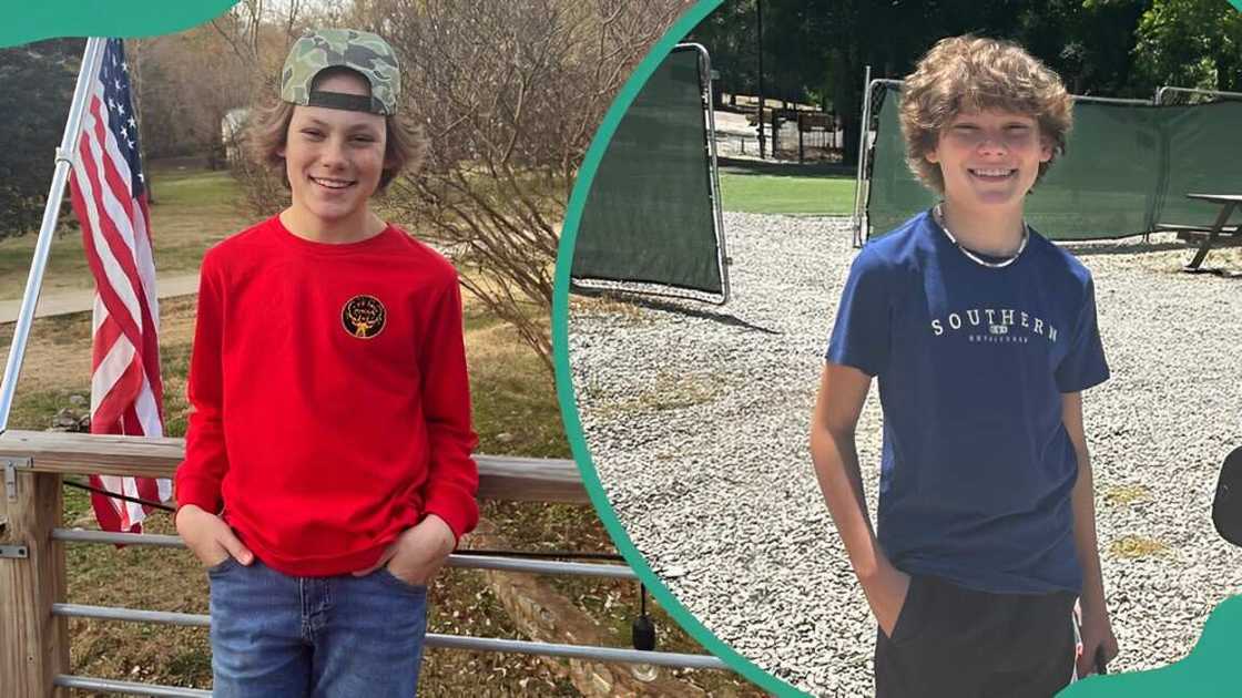 Maddox Batson poses for a picture beside the flag of the United States of America(L). Maddox Batson outdoors (R).