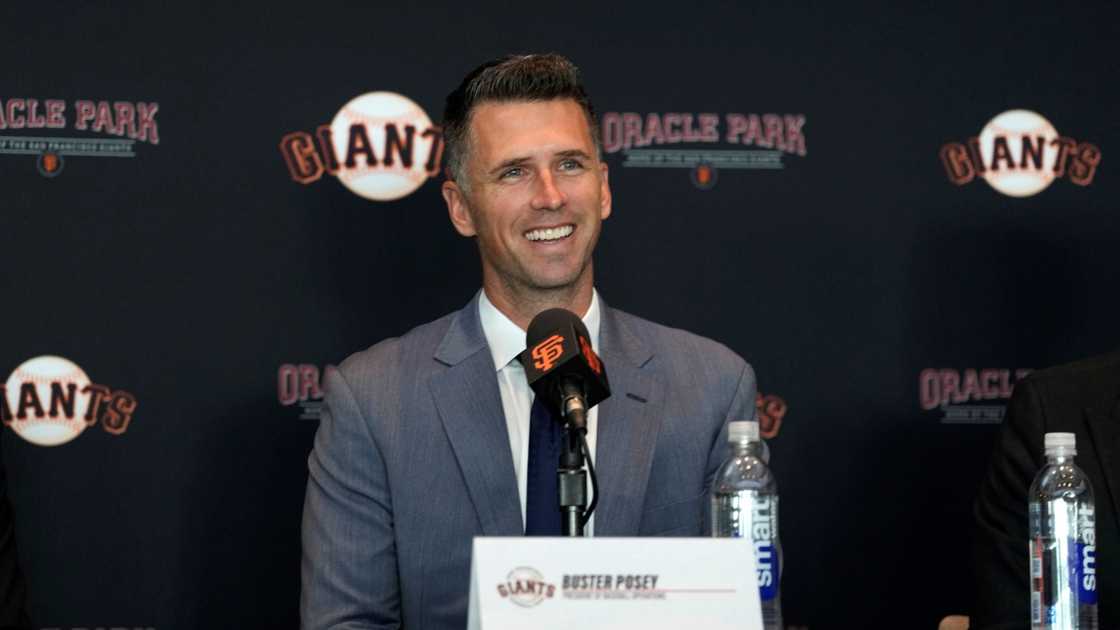 Buster Posey speaks during a press conference at Oracle Park.