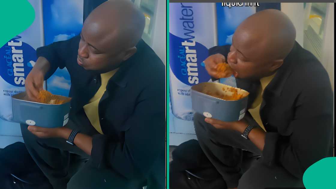 Woman shows her husband eating at airport. Woman shows her husband eating at airport.