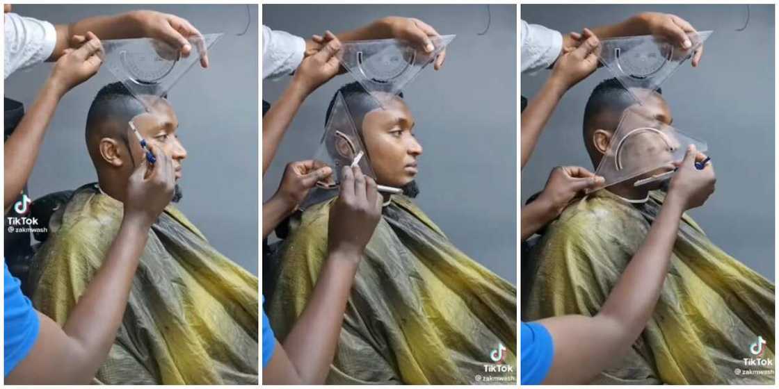 Photos of man receiving hair touch up. Photos of man receiving hair touch up.