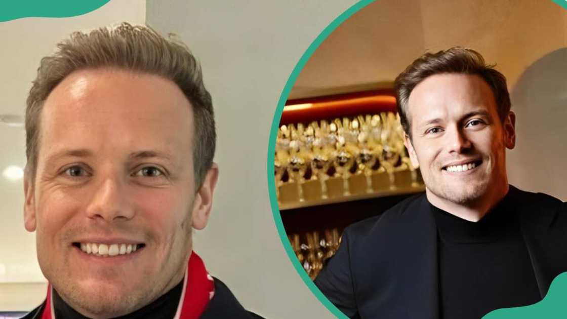 Sam Heughan takes a selfie indoors (L). The Scottish actor in a black coat and T-shirt (R) Sam Heughan takes a selfie indoors (L). The Scottish actor in a black coat and T-shirt (R)