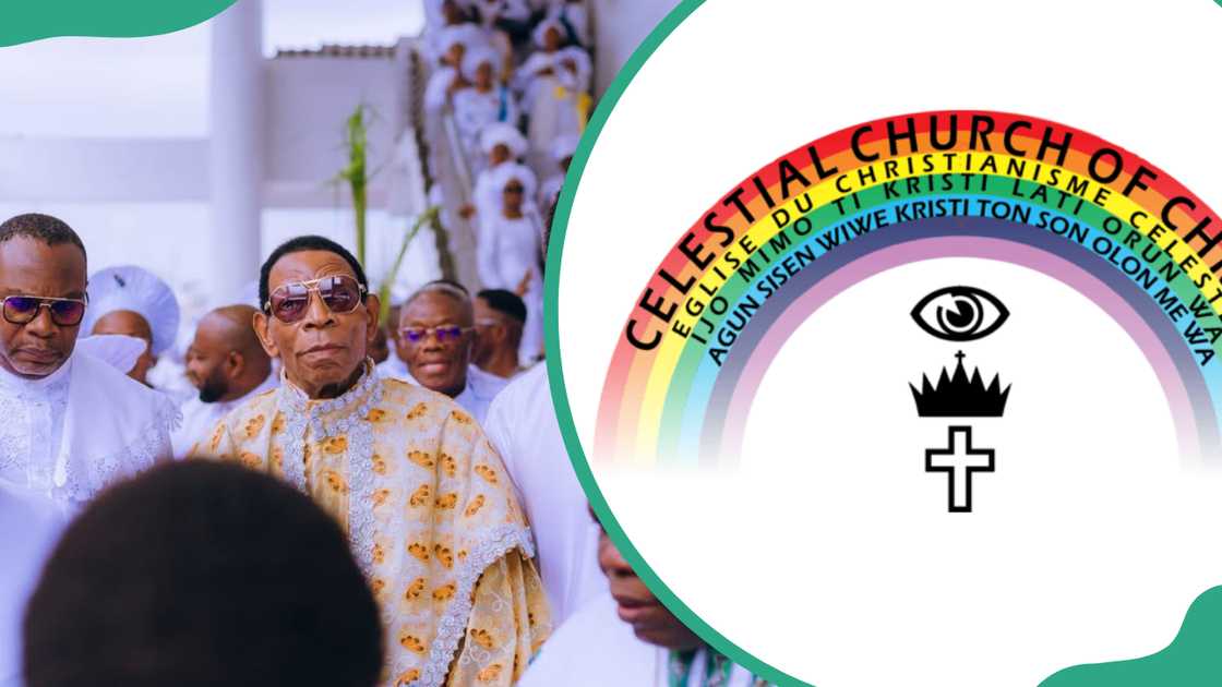 Celestial Church of Christ members honouring their founder and Celestial Church of Christ logo Celestial Church of Christ members honouring their founder and Celestial Church of Christ logo