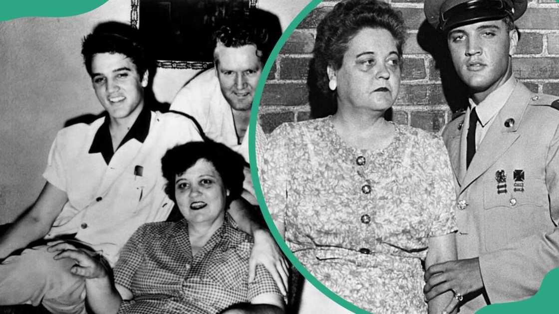 Elvis Presley with his parents Gladys and Vernon at their home (L) and Elvis Presley with his mom going to town for a sneak preview of the entertainer's latest movie, King Creole (R) Elvis Presley with his parents Gladys and Vernon at their home (L) and Elvis Presley with his mom going to town for a sneak preview of the entertainer's latest movie, King Creole (R)