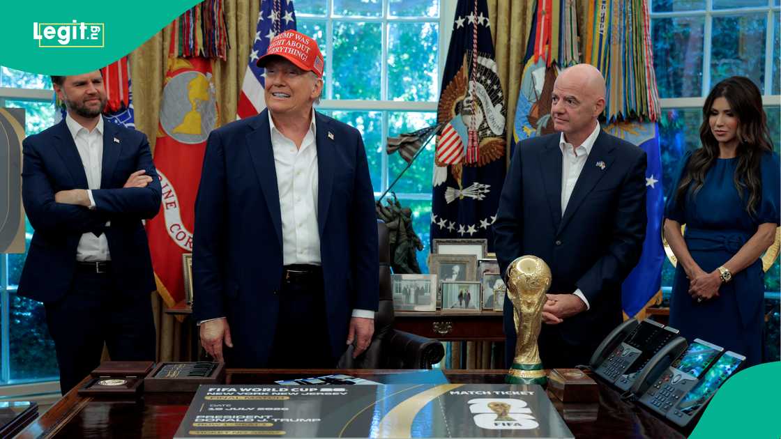 JD Vance, Donald Trump, Gianni Infantino, Kristi Noem, Oval Office, White House, USA.