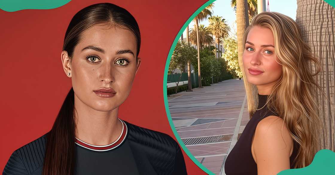 Jordyn Huitema poses in her Paris Saint-Germain x Jordan collaboration jersey (L). The footballer poses standing against a tree (R).