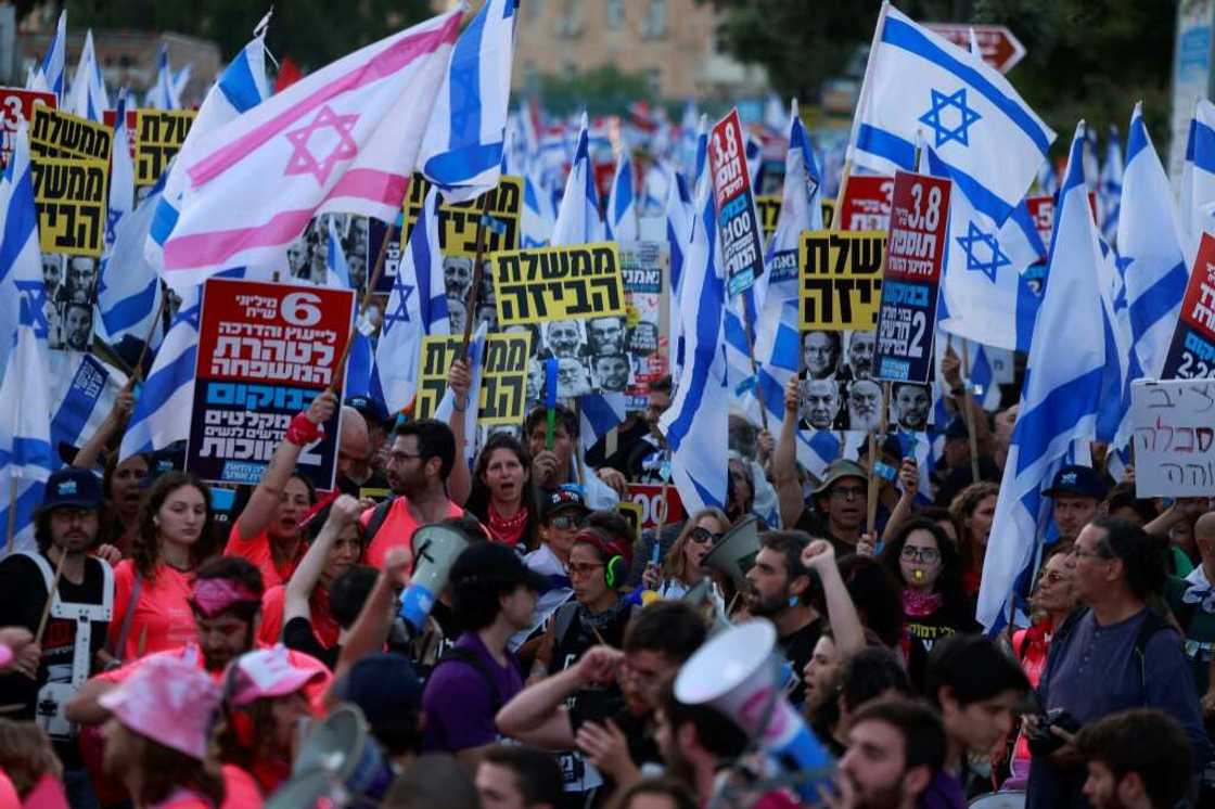 The Jerusalem demonstration was organised by the same group of activists who have been protesting the government's judicial reform plans The Jerusalem demonstration was organised by the same group of activists who have been protesting the government's judicial reform plans