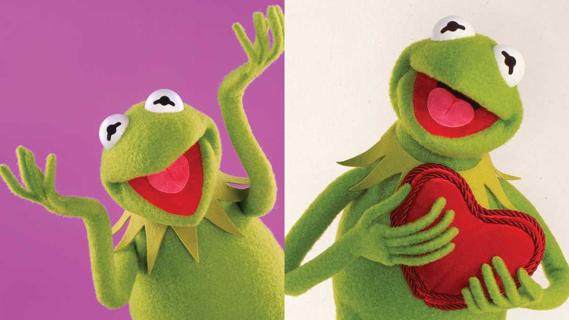 Kermit the Frog against a purple background and holding a love heart