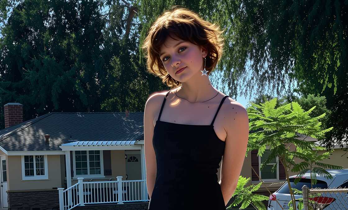 Ivy George poses in a black dress in front of a house. Ivy George poses in a black dress in front of a house.