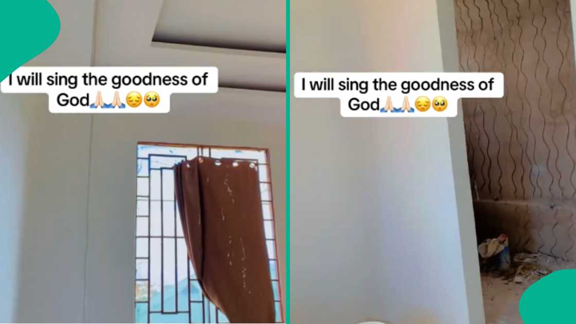 Nigerian woman becomes homeowner, Woman shares TikTok video of new house, Moves into uncompleted house, Social media reacts to house move, Freedom from paying rent, Interior of house showcased online. Nigerian woman becomes homeowner, Woman shares TikTok video of new house, Moves into uncompleted house, Social media reacts to house move, Freedom from paying rent, Interior of house showcased online.