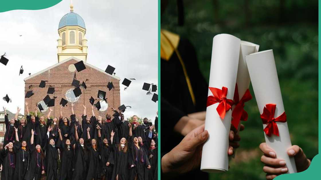 Students in black graduation gowns celebrating their graduation and holding their degrees Students in black graduation gowns celebrating their graduation and holding their degrees
