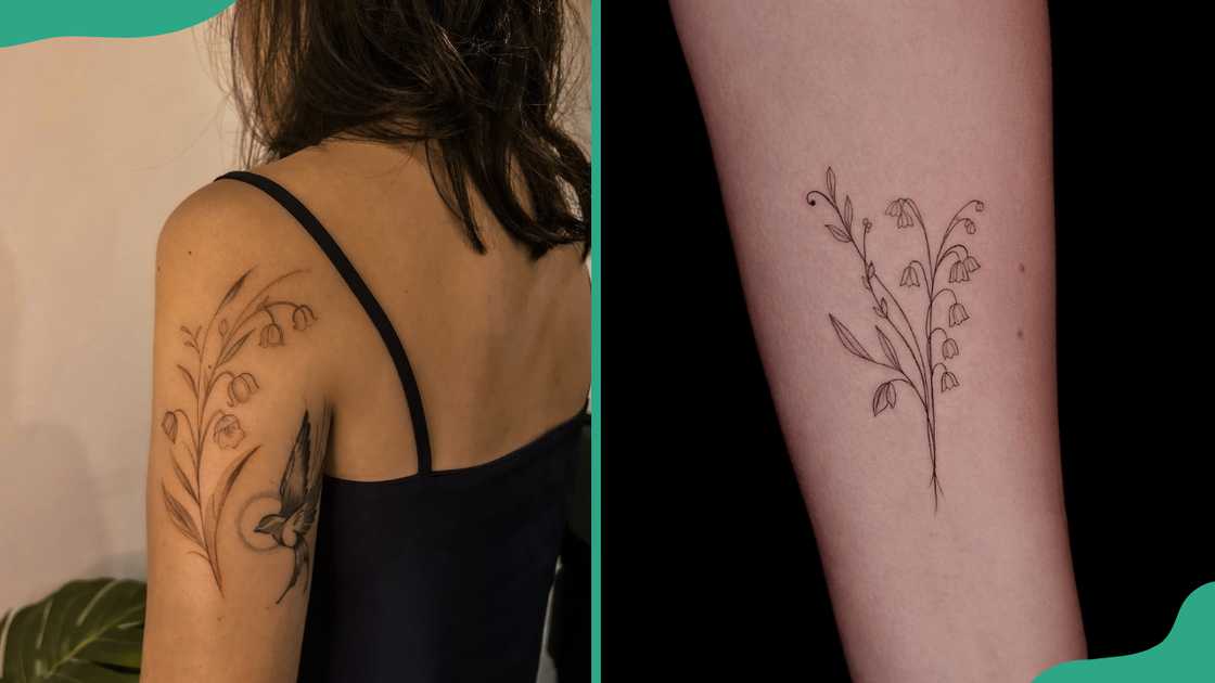 Linework Lily of the Valley tattoos.