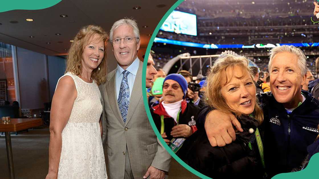 Glena Carroll and Pete Carroll at A Better LA's Annual Gala, "An Evening With A View," event (L) Head coach Pete Carroll of the Seattle Seahawks celebrates with his wife Glena at MetLife Stadium (R)