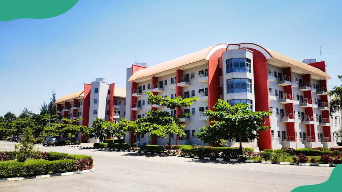 A view of the modern, multi-story buildings at the Ahmadu Bello University (ABU) in Zaria, Nigeria