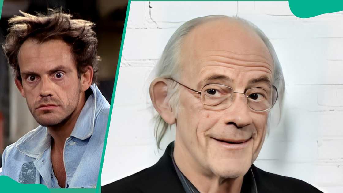 Christopher Lloyd in a denim shirt (L). The actor in a black suit (R)