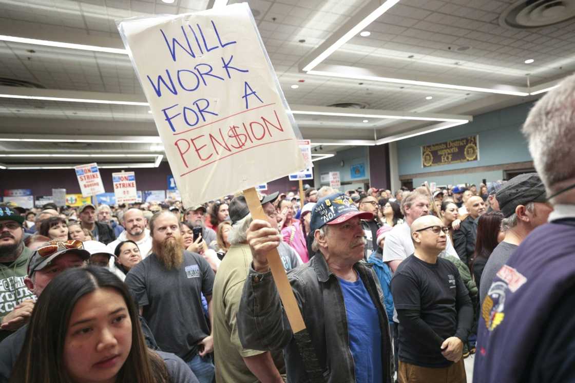 Striking Boeing workers rally at the Seattle Union Hall on October 15, 2024