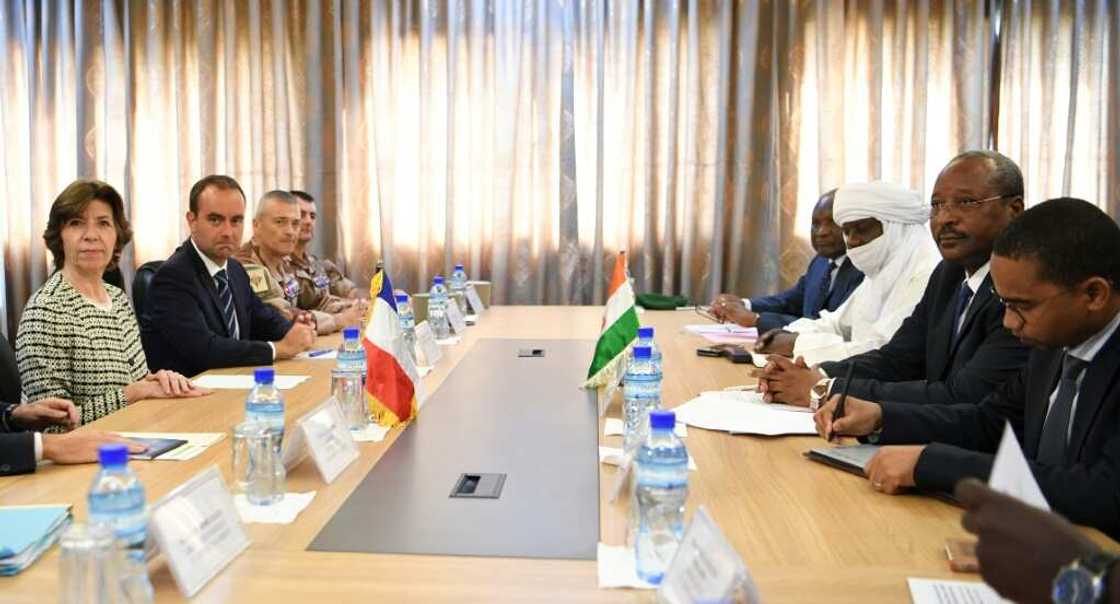 French Foreign Minister Catherine Colonna and Defence Minister Sebastien Lecornu held talks with Niger's Foreign Minister Hassoumi Massaoudou and Defence Minister Alkassoum Indatou French Foreign Minister Catherine Colonna and Defence Minister Sebastien Lecornu held talks with Niger's Foreign Minister Hassoumi Massaoudou and Defence Minister Alkassoum Indatou