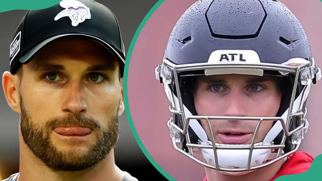 Kirk Cousins in a hat warms up on the field (L). The Falcons quarterback looks to pass during offseason workouts (R)