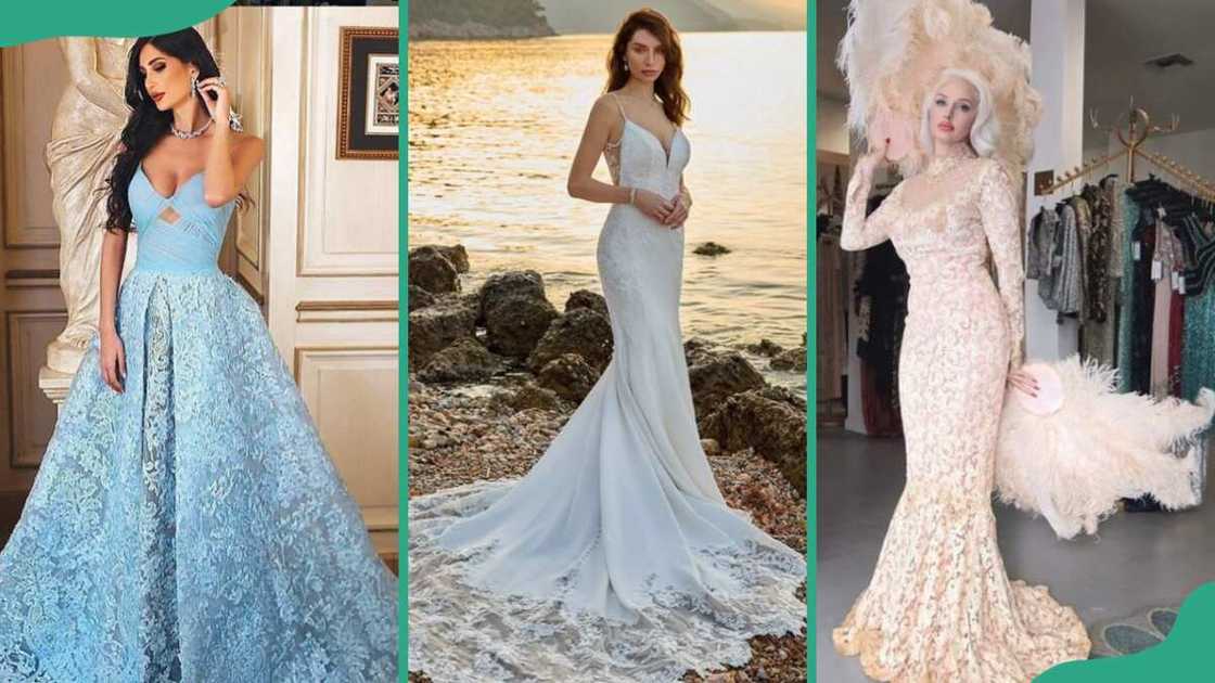 Light blue gown (L), off-white gown (C) and cream lace ball gown Light blue gown (L), off-white gown (C) and cream lace ball gown