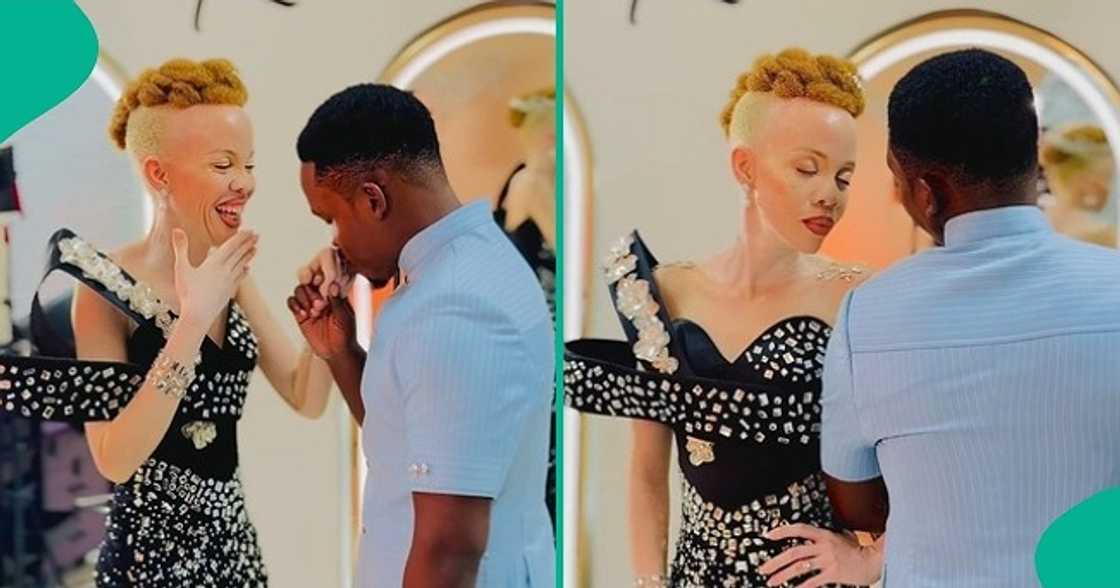 Romantic man leaves albino lover blushing during bridal shoot. Romantic man leaves albino lover blushing during bridal shoot.