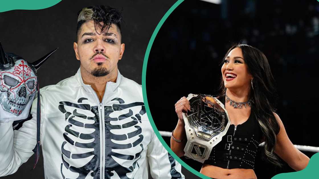 Gino Medina in a white jacket adorned with a black skeleton (L). Roxanne holding up a championship belt (R)