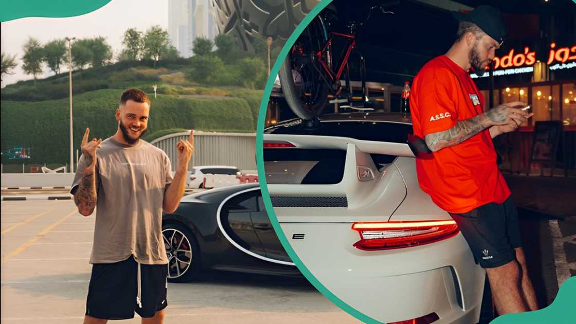 Ryan Taylor posing with I love you hand sign (L). The boxer leaning on his car (R).