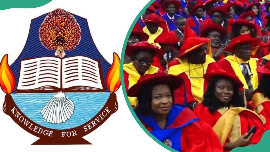 A logo for the University of Calabar in Nigeria and the University students during a graduation ceremony A logo for the University of Calabar in Nigeria and the University students during a graduation ceremony