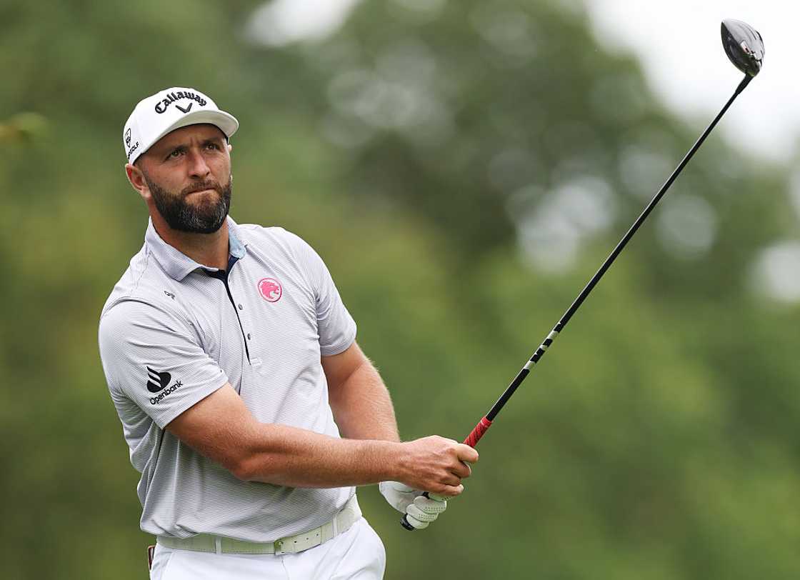 Jon Rahm plays a shot during a practice round Jon Rahm plays a shot during a practice round