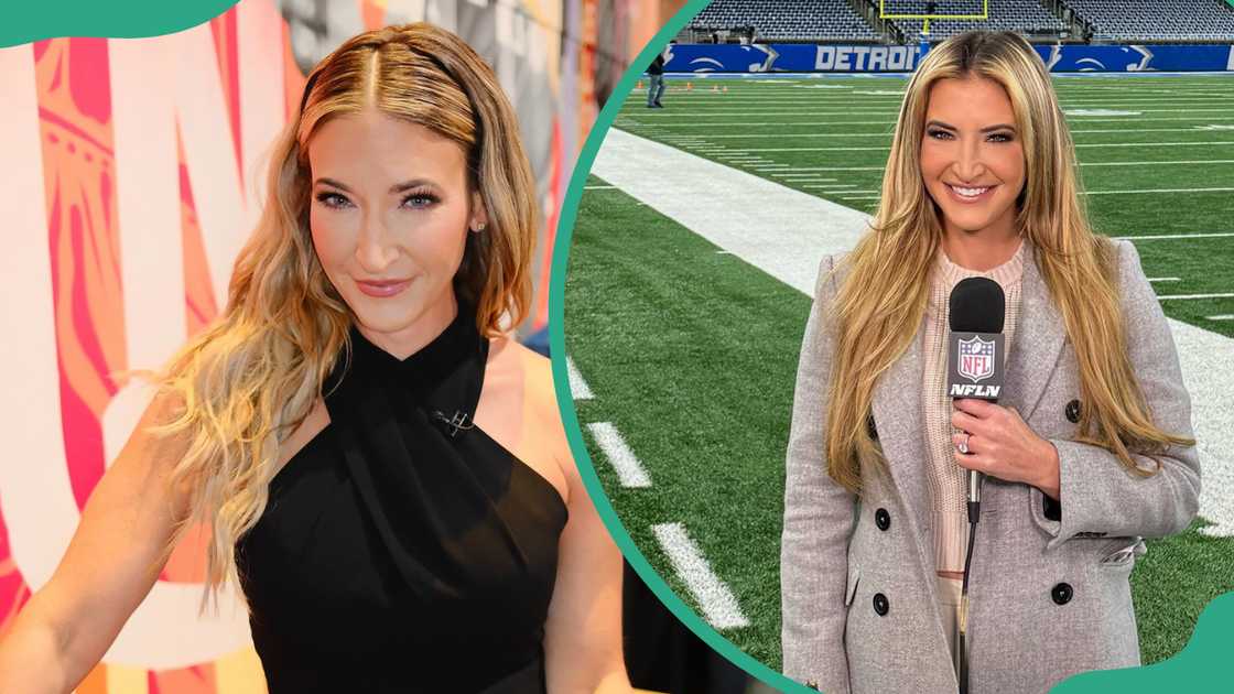 Cynthia Frelund poses in a black halter neck dress and she is captured reporting live at a game