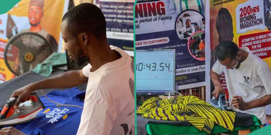 Nigerian man ironing clothes.