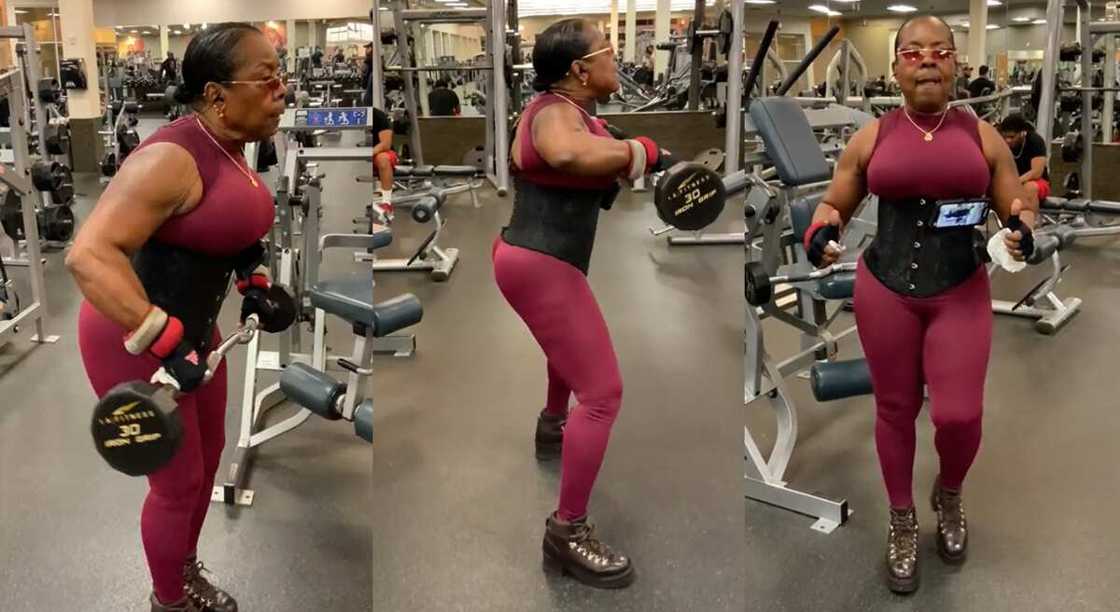 Photos shows an old woman lifting weights at the gym. Photos shows an old woman lifting weights at the gym.