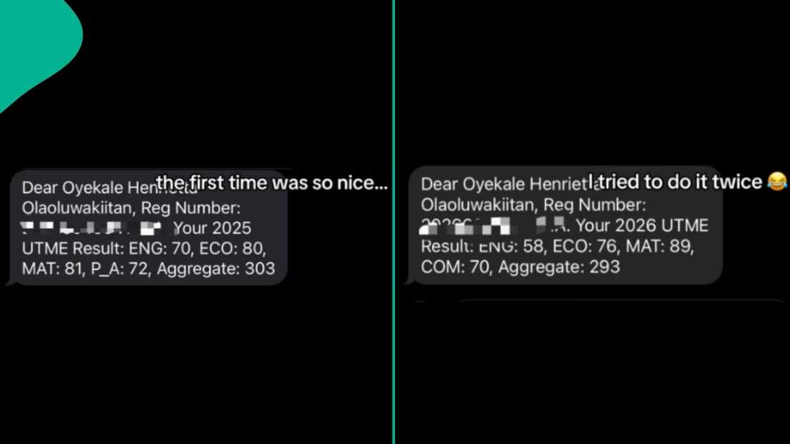 A young Nigerian lady who wrote JAMB two times, not because she failed, but because of her age, shares results. A young Nigerian lady who wrote JAMB two times, not because she failed, but because of her age, shares results.