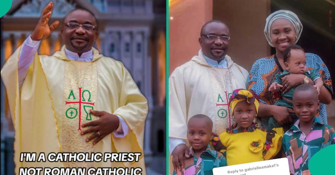 A married Catholic priest, Dr McColins Nwaigbo, justifies why he can have a wife and kids in a viral TikTok video. A married Catholic priest, Dr McColins Nwaigbo, justifies why he can have a wife and kids in a viral TikTok video.