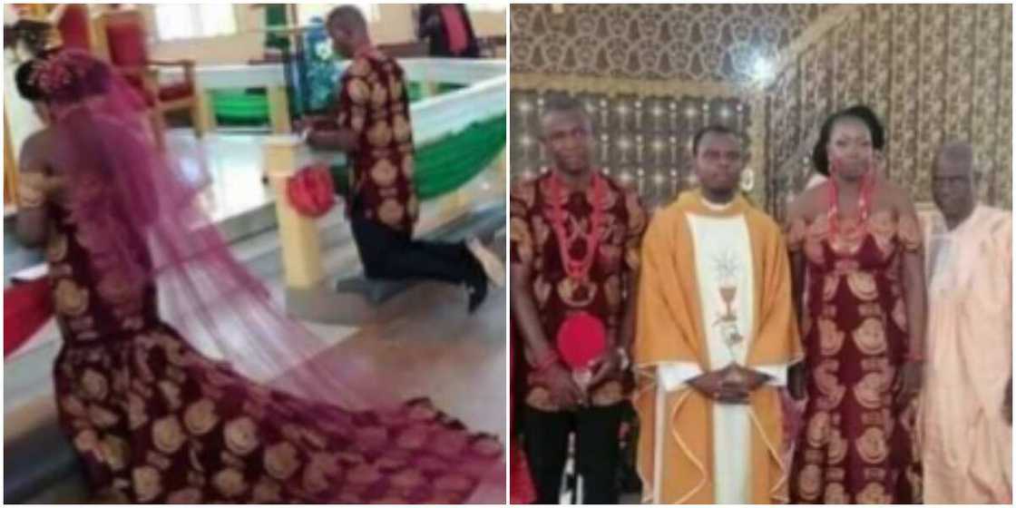 Nigerian couple show up for church wedding in unusual outfits (photo)