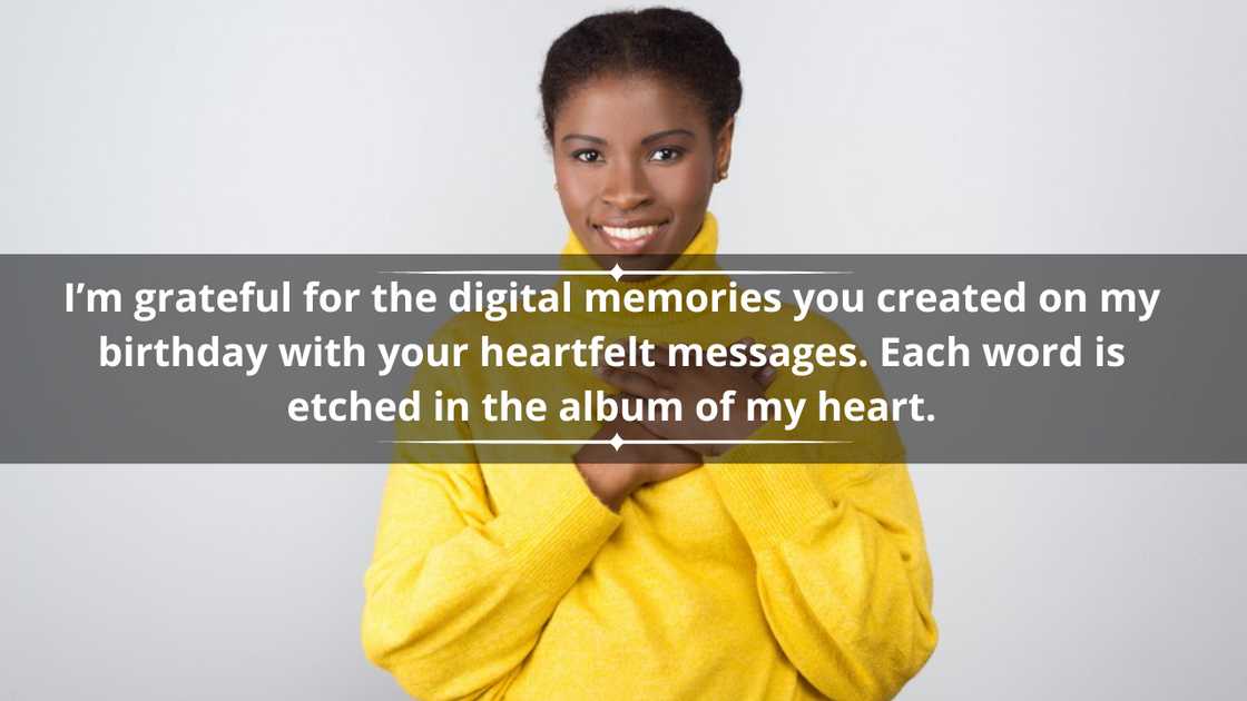 A cheerful woman holding hands on chest A cheerful woman holding hands on chest