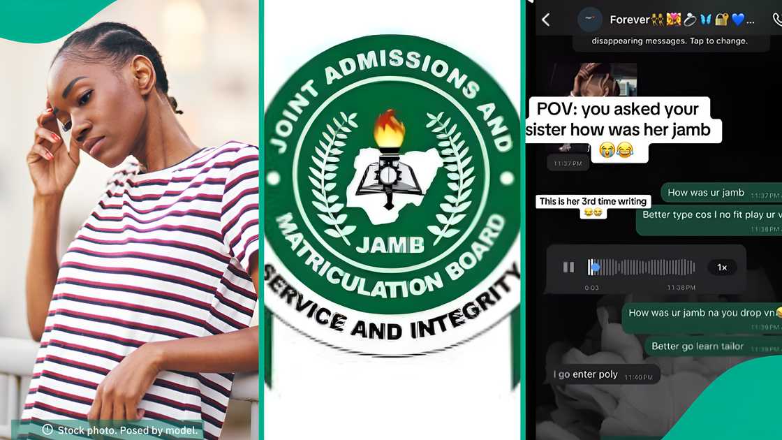 A Nigerian lady shared the WhatsApp message she got from her sister, who wrote JAMB for the third time. A Nigerian lady shared the WhatsApp message she got from her sister, who wrote JAMB for the third time.