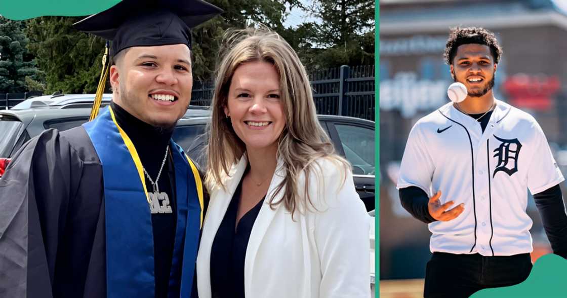 On the left, Blake and his mother are pictured at his graduation ceremony. On the right, he is pictured in a baseball shirt on a baseball field.