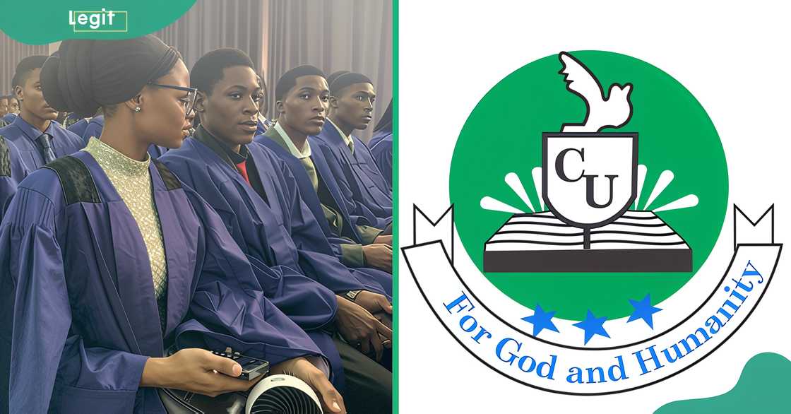 Caleb University students photographed in graduation gowns (L). The University's logo (R).