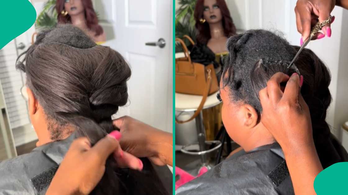 Hairdresser shows her customer's hair