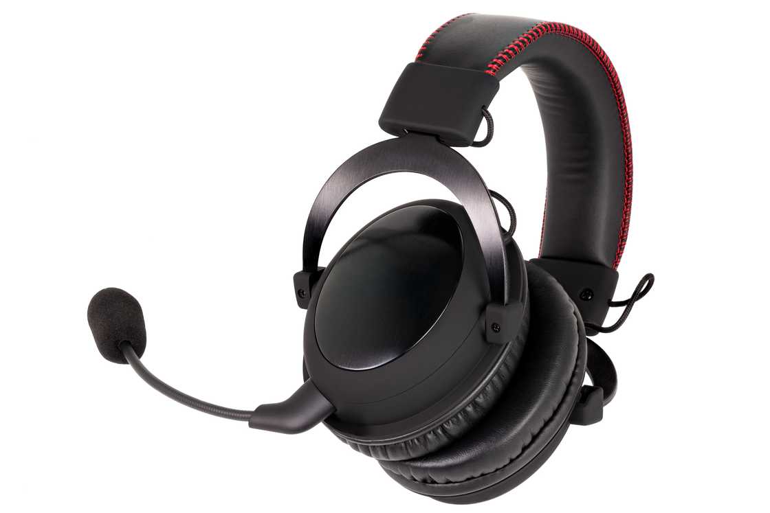 Close view of wireless black gaming headphones with microphone. Close view of wireless black gaming headphones with microphone.